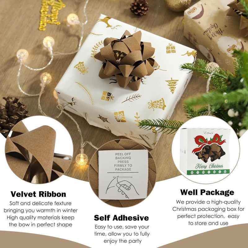 LiBongTa 4.5 Inch Brown Velvet Ribbon Gift Bow Decorative Bows, Premade Christmas Bows for Gift Wrapping Self Adhesive, Wrapping Bows for Presents, Party Favor, Holiday, Wedding, Birthday-12 Counts - Image 3